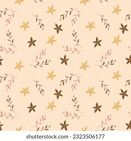 Seamless pattern, small flowers and scattered leaves. Floral rustic background, print, textile, wallpaper, vector