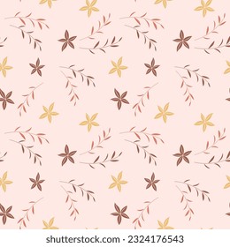 Patrón sin foco, flores pequeñas y hojas dispersas. Fondo rústico floral, impresión, textil, papel pintado, vector