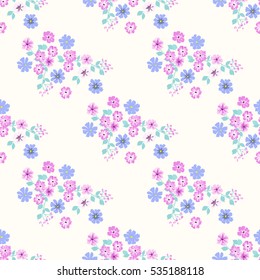 Seamless pattern of small flowers. Summer millefleurs. Floral simple diagonal seamless background for textile or book covers, manufacturing, wallpapers, print, gift wrap and scrapbooking. Shabby chic.