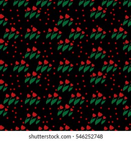 Seamless pattern of small flowers tulips and red polka dots on black background
