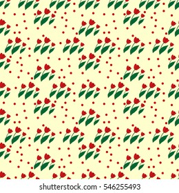 Seamless pattern of small flowers tulips and red polka dots on light yellow background