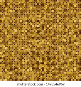 Seamless pattern. Small four-petal figures and rhombuses of different colors lined up in rows and forming a chaotic pattern. Shades of gold. Editable.