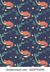 Seamless pattern with a small fox and plants. Background with vector elements of a cartoon character.