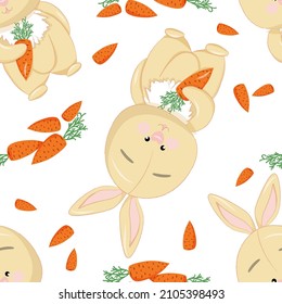 Seamless pattern with a small funny beige bunny with carrots.
