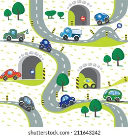 Seamless pattern of small funny cars on the road with trees and grass area. Children vector illustration