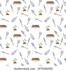 Seamless pattern with small garden pitchfork, rake, shovel, scoop and plants. Gardening tools. For printing wrapping paper, wallpaper, packaging, fabric. Hand Drawn vector illustration.