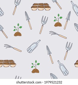 Patrón sin foco con horquilla de jardinería pequeña, rastrillo, pala, cuchara y plantas. Herramientas de jardinería. Para imprimir papel envolvente, papel pintado, empaque, tela. Ilustración vectorial dibujada a mano.