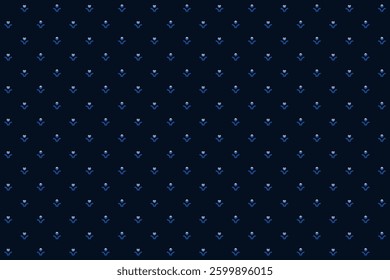 Seamless pattern with small geometric abstract round flowers and leaves in blue and pale yellow on dark blue background. Vector illustration, for masculine shirt lady dress cloth textile cover wall
