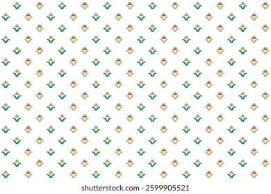 Seamless pattern with small geometric abstract flowers and leaves in green orange and orange on white background. Vector illustration, for masculine shirt lady dress cloth textile cover wallpaper deco