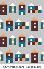 Seamless pattern with small geometric houses. Vector illustration.
