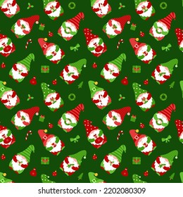 Seamless Pattern With Small Gnomes In Caps. Cute Christmas Elf Characters Holding Gift, Candy, Christmas Ball.Flat Vector Elements For Fabric, Wallpaper, Wrapping Paper. Christmas Dwarfs On Dark Green