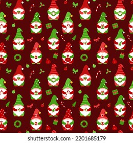 Seamless Pattern With Small Gnomes. Cute Christmas Elf Cartoon Characters Holding Gift, Candy, Christmas Ball. Flat Vector Elements For Fabric, Wallpaper, Wrapping Paper. Christmas Dwarfs On Dark Red