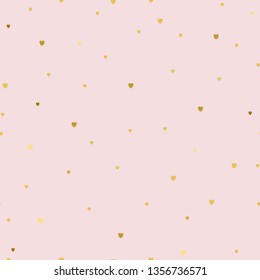 Nahtloses Muster mit kleinen goldenen Herzen auf rosafarbenem Hintergrund. Mode. Design-Hintergrund für Textil, Tapete, Scrapbooking, Hochzeitseinladungskarte. Vektorgrafik