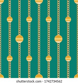 Seamless pattern of small golden chains on green background. Repeat design ready fabric, prints, textile.