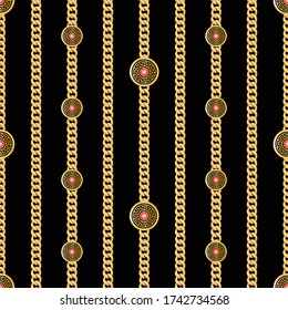 Seamless pattern of small golden chains on black background. Repeat design ready fabric, prints, textile.