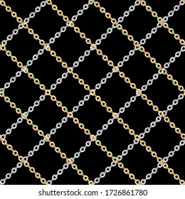 Seamless pattern of small golden and silver chains on black background. Repeat design ready for decor, fabric, prints, textile.