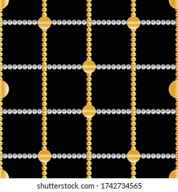 Seamless pattern of small golden and silver chains on black background. Repeat design ready fabric, prints, textile.
