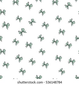 Seamless pattern with small green stripped bow. Decorative vector art for decorating greeting cards, banners or ads for wedding, birthday, Valentines day, new year, Christmas or other holidays.