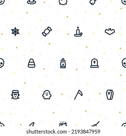 Seamless pattern of small Halloween icons with random dots on transparent background