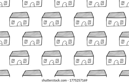 Seamless pattern with small hand drawn house. Relaxing art therapy. Simple building