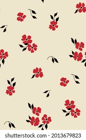 Seamless pattern with small hand drawn red flowers and black leaves. Cute floral print on a light background. Vector.