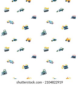 Patrón sin foco con coches lindos de mano pequeños Camión, tractor, grúa de carga, bulldozer, excavadora. Estilo escandinavo de colores. Ilustración del vector