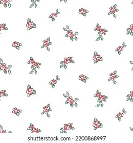 
Seamless pattern with small hand drawn roses. Romantic ditsy print with simple flowers composition on white background. Vector illustration.