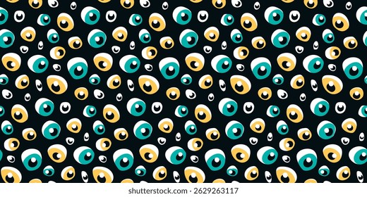 Seamless pattern with small hand drawn eyes. Repeating texture, abstract graphic design surface in retro style with random eyeballs on black background. Vector illustration.