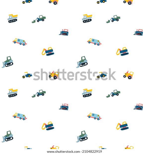 Seamless pattern with small Hand drawn cute\
cars Truck, tractor, cargo crane, bulldozer, excavator. Colored\
scandinavian style. Vector\
illustration