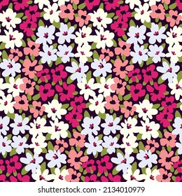 Seamless pattern with small hand-drawn flowers, leaves on a dark field. Romantic floral print with various flowers. Meadow surface, botanical background with modern design. Vector illustration.