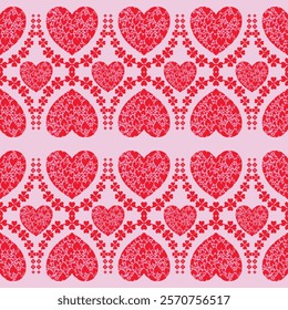 Seamless pattern of small hearts in a big heart with a bouquet of red hearts.
