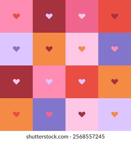 Seamless pattern with small hearts in checkerboard squares in a retro color palette. Trendy aesthetic vector background