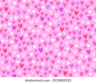 Seamless pattern with small hearts. Cute simple minimalistic pattern. Wrapping paper, design for Valentine's Day, Birthday. Purple, pink and white hearts on a pink background.