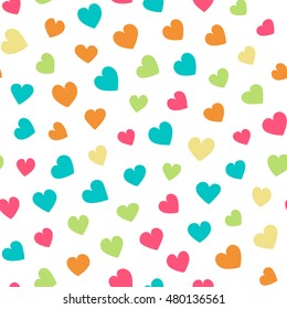 Seamless pattern with small hearts of fresh colors on a white background. Vector repeating texture. Perfect for printing on fabric or paper.