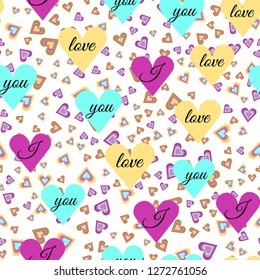 Seamless pattern of small hearts and large volume hearts on white background, text I love you. For the design of postcards, textiles, dishes for St. Valentine's Day, Weddings, Birthday.