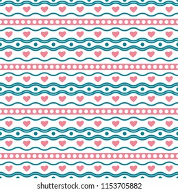 Seamless pattern of small hearts, lines and stripes.