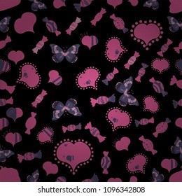 Seamless pattern with small hearts on black, pink and blue backdrop. Vector. Abstract texture, repeat tiles. Love romantic theme. Valentines day background. Design for decoration, gift paper, textile.