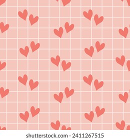 Seamless pattern with small hearts on a checkered background. The pink background for the day of St. Valentine, the Day of Lovers. Vector