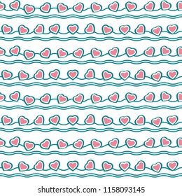 Seamless pattern of small hearts and wavy lines.
