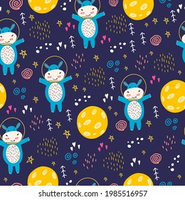 A seamless pattern with a small hippopotamus in a spacesuit in space. Vector illustration with a hippo and the moon. Design for the decoration of the children's room. Flat doodle style. Child pattern.
