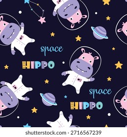 Patrón sin fisuras con Pequeño hipopótamo en traje espacial en el espacio, Ilustración vectorial plana con hipopótamo, planeta y estrellas, diseño para niños