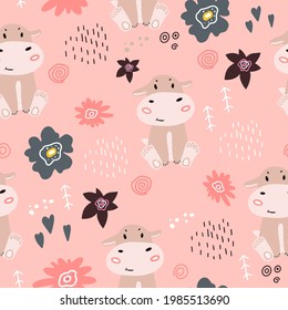 Seamless pattern with a small hippopotamus. Vector illustration with a baby pattern with a hippo and flowers. Design for the decoration of the children's room. Flat doodle style. Child pattern.