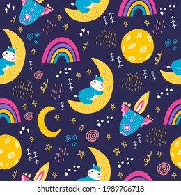 Seamless pattern with a small hippopotamus. Vector illustration  with a hippo sleeping on the moon. A pattern for the design of a children's room. Flat doodle style. Rainbow 