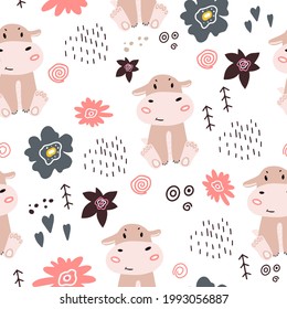 Seamless pattern with a small hippopotamus. Vector illustration with a baby pattern with a hippo and flowers. Design for the decoration of the children's room. Flat doodle style. Child pattern.