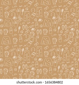Seamless pattern small home joys, vector doodle illustration, cup, , milk bottle, bread, fruit plate, cake chocolate bar, pajamas, headphones, slippers, book,potted flower,white lines brown background