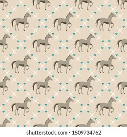 Seamless pattern with small horse and tiny hearts