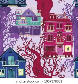 Seamless pattern with small houses and trees
