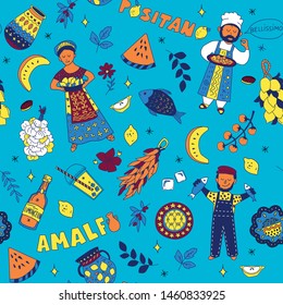 Seamless pattern with small illustration of italian lifestyle. For t-shirt, paper, cards, crafts, textile print and design.