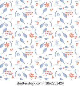 Seamless pattern with small image of natural bushes, berries, leaves in style of watercolor drawing. Vector illustration in light blue, pink pastel colors for design of holiday card, banner, stories.