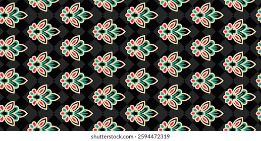 Seamless pattern of small Indian paisleys on a black background, ideal for wallpaper, textile, gift wrapping.